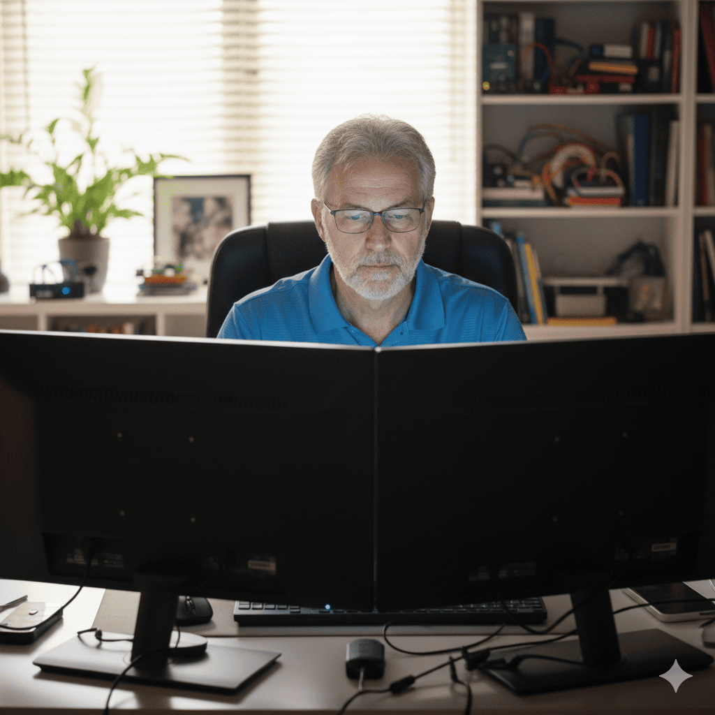 Man at home in front of two computer screens