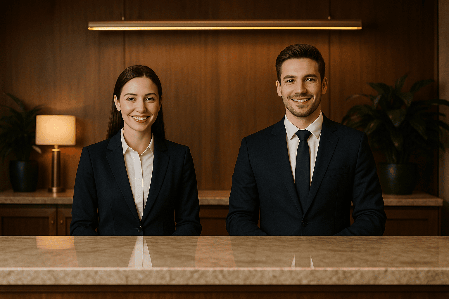 Two people behind a hotel lobby desk